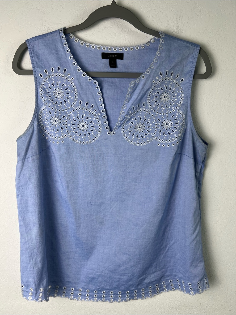J. Crew Blue Floral Eyelet Embroidery V-neck Tank Top
